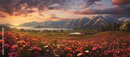The beautiful landscape was adorned with vibrant flowers lush green grass and breathtaking views of the sky as the clouds formed amazing shapes against the backdrop of the setting sun creati