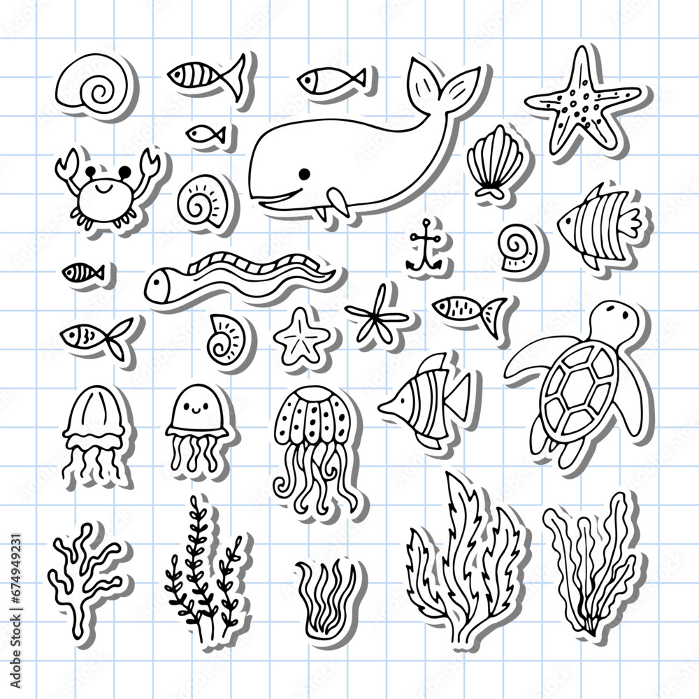 Set of sea animals in hand drawn style. Ocean life. Underwater, under the sea, marine. Stickers