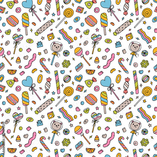 Seamless doodle pattern with candies, sweets and lollipops. Hand drawn background. Great for fabric, textile, wrapping paper