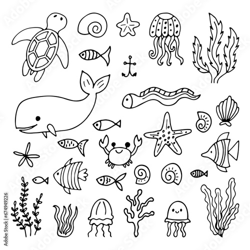 Set of sea animals in hand drawn style. Ocean life. Underwater, under the sea, marine