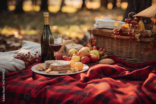 A romantic picnic scene with fall-themed food and a checkered blanket.