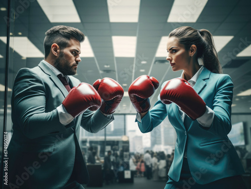 Man and woman dressed in business attire wearing red boxing gloves and facing eachother in an aggressive manner photo