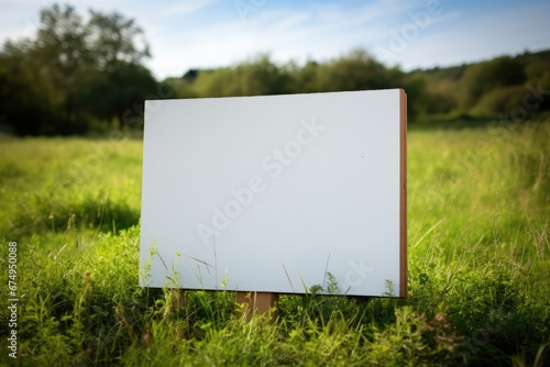 an empty cardboard sign sitting against the green grass in a field Generative AI