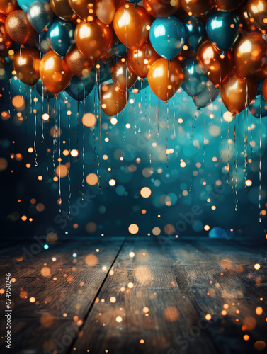Vetrical background image with blue, gold and orange colored balloons floating with bokeh, ribbons hanging and confetti scattered on a wood plank floor