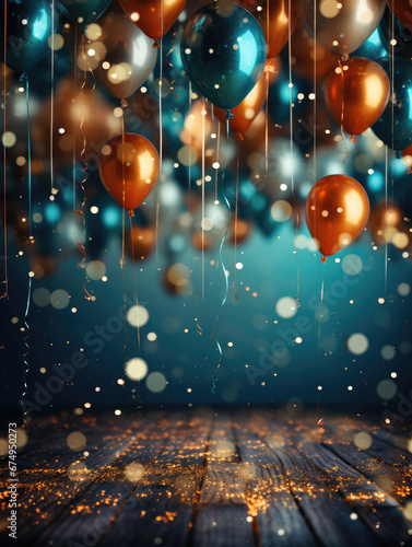Vetrical background image with blue, gold and orange colored balloons floating with bokeh, ribbons hanging and confetti scattered on a wood plank floor