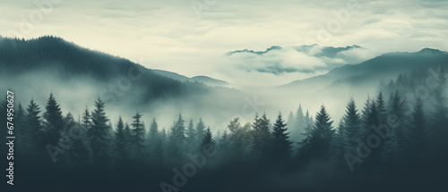 Misty Landscape With Fir Forest in Vintage Retro Style © Synaptic Studio