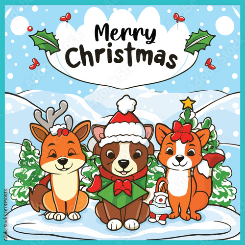 Fototapeta Naklejka Na Ścianę i Meble -  Merry Christmas cover animal coloring book cute small animals vector illustration