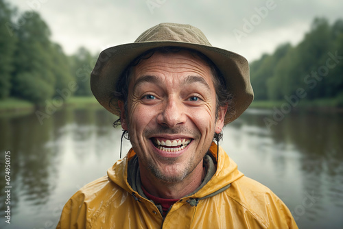 Smiling fisherman in a waterproof hat and yellow raincoat with a serene lake and greenery in the background. © Rysak