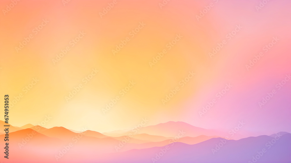 A breathtaking gradient sunset over mountain silhouettes with a soft blend of orange, pink, and purple hues.