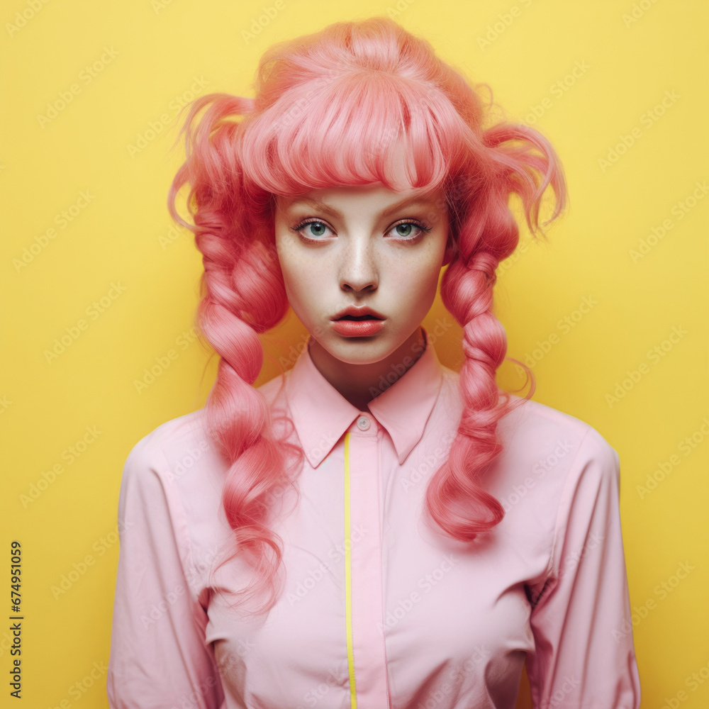 Fashion portrait of beautiful young woman with pink hair, yellow background. Beauty, fashion. Girl with modern creative makeup and hairstyle. Artistic portrait. Fashion portrait of beautiful young woman with pink hair, yellow background. Beauty, fashion. Girl with modern creative makeup and hairstyle. Artistic portrait.