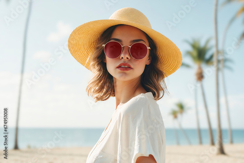 Fototapeta Naklejka Na Ścianę i Meble -  A stylish woman in a sun hat and round sunglasses at the beach with palm trees in the background.