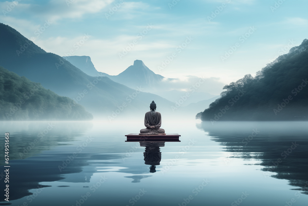Buddha sculpture placed in the lake in a beautiful mountain landscape Buddha sculpture placed in the lake in a beautiful mountain landscape