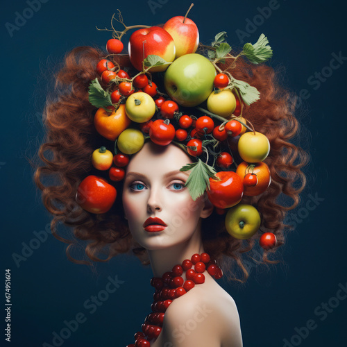 Portrait of young beautiful girl promoting healthy food, fruit diet plan. Creative food concept.