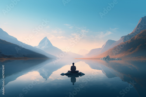 Beautiful nature landscape and a person meditating in the lake