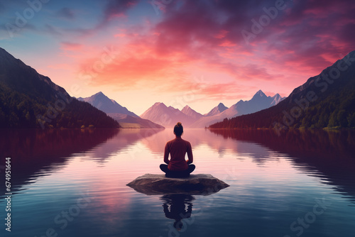Person meditating in a beautiful landscape with lake and mountains