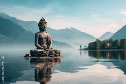 Buddha sculpture in the water with a beautiful mountain landscape © Alguien