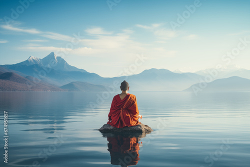 Tibetan monk meditating in a beautiful nature landscape photo