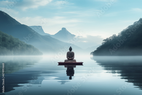 Buddha sculpture placed in the lake in a beautiful mountain landscape