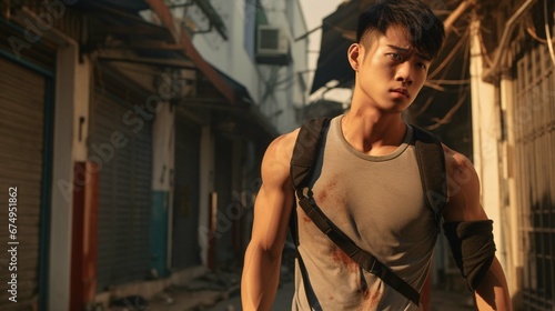 Asian young man doing sports and running on a city street, standing and holding the shoulder