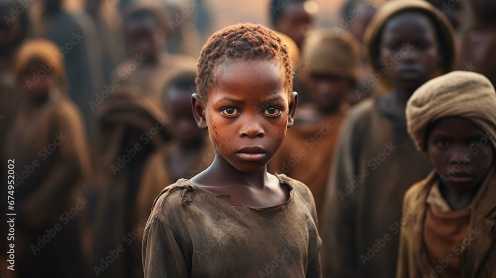 A crowd of little poor African boys in a local village