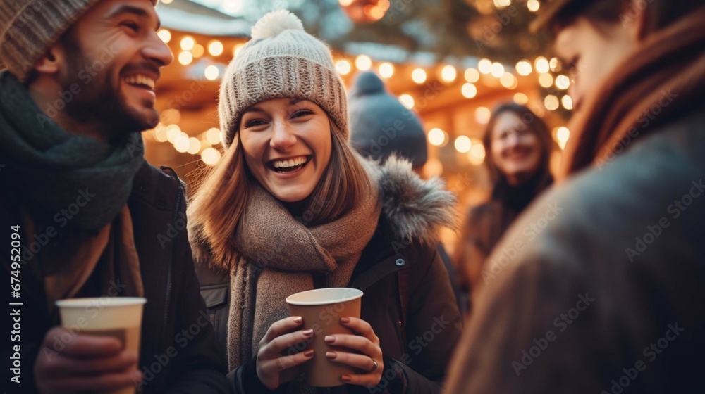 Happy friends having fun drinking mulled wine and hot chocolate at Christmas Market - Cheerful young people enjoying winter holidays