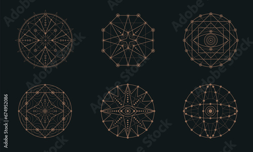 Set of geometric tattoo icons. Set of nine symbols of sacred geometry. Linear character illustration for tattoo black background
