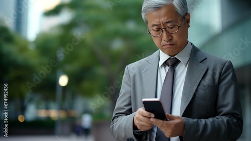 Worried senior Asian male office worker businessman standing outside and using a mobile phone.