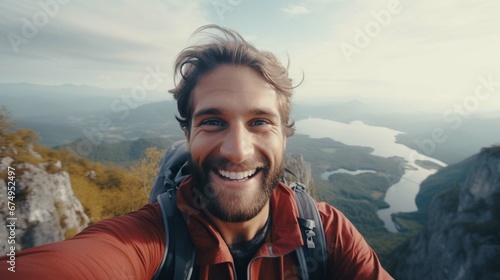 Young hiker man taking selfie portrait on the top of mountain - Happy guy smiling at camera 