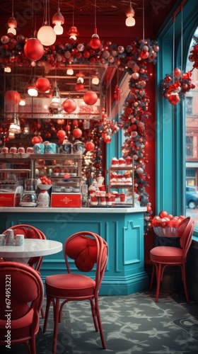 A red and blue restaurant with christmas decorations