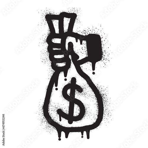 Hand graffiti holding money bag with black spray paint