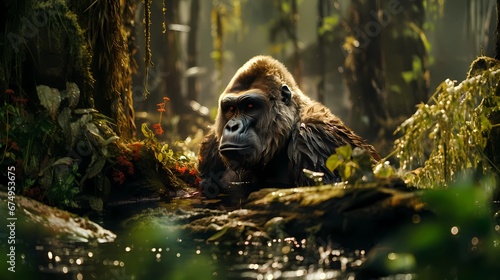 Wallpaper of a gorilla in the jungle.