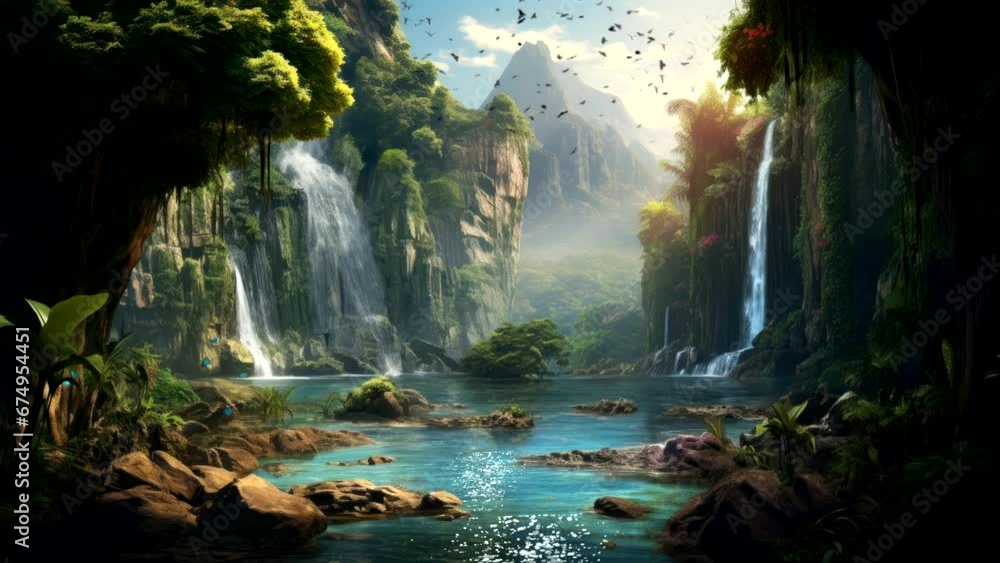 beautiful forest with waterfall and stream fantasy amazing jungle video background looping for live wallpaper 