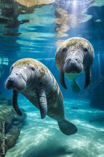 A group of Manatee's swimming in the ocean.