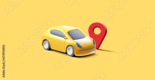 Yellow modern 3D car with red color GPS geolocation. Modern banner on a yellow background, for the design of the delivery service, new technologies, and the automotive industry.