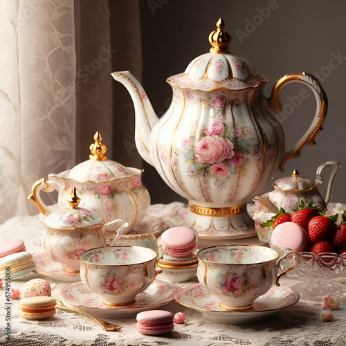 Traditional. Vintage Porcelain Roses Afternoon English High Tea Set Up with Teapot, Tea Cup, Plate, Spoon and Tea Filter for the Garden in Pastel Colors, Macaroons & Strawberries A Pretty Mothers' Day photo