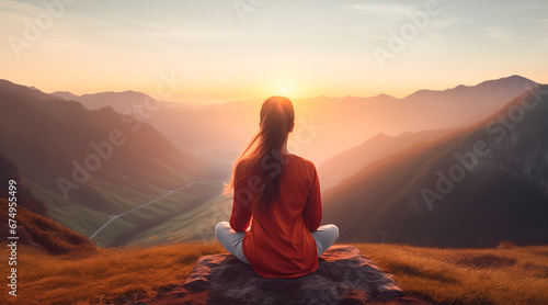 Young woman meditating at dawn on a mountain with panoramic views to improve her anxiety and stress levels and improve her concentration © MariaJos