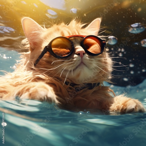 Cat with sunglasses swimming pool vacation float photography image AI generated art