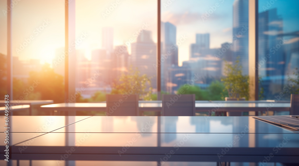 Obraz premium Beautiful blurred background of a light modern office interior with panoramic windows and beautiful lighting
