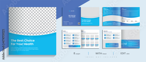 Health care and medical company Square landscape brochure template, 8 pages layout design.