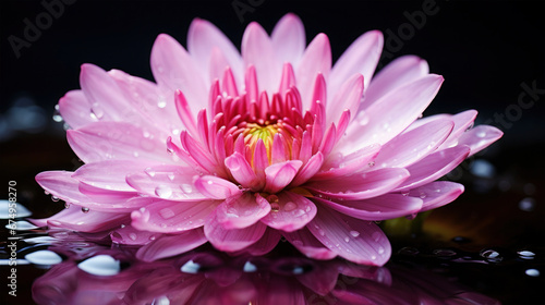 Pink flower  plant with water drops  macro image  smooth natural character on black background