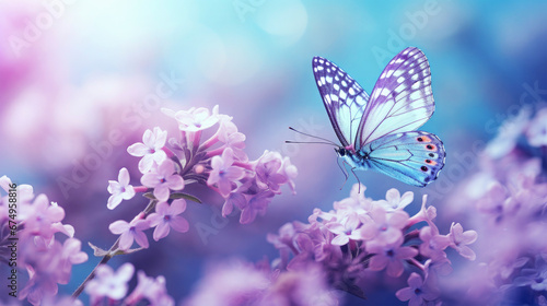 Closeup of blossoms and purple flowers with one single butterfly on blue defocused background © Gertrud