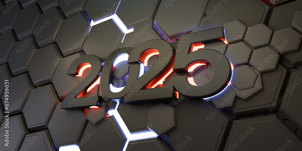 dark black background year 2025 neon light red and white blue, wall