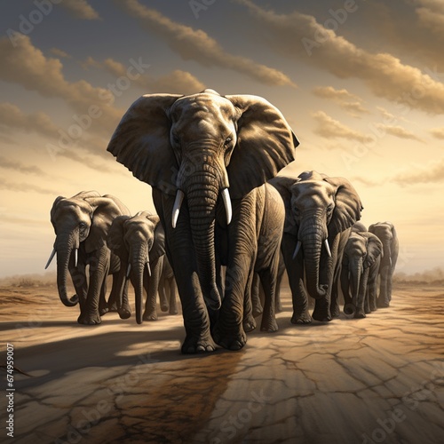 A group of elephants walking in a line wide light Ai generated art © Arabindu