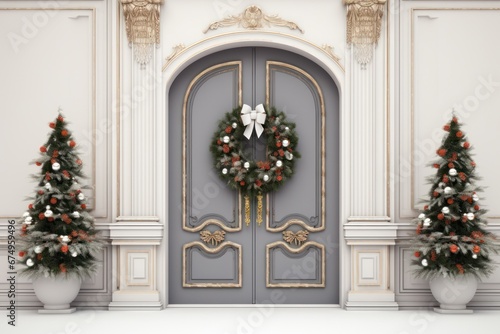 Holiday Elegance with Decorated Christmas Door in Isolation.