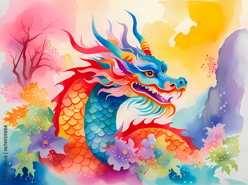 Obraz premium The Dragon is an animal in the Chinese zodiac related to the Chinese calendar. 2024 is a year of Wood Dragon. The Dragon is born under the sign of luck. AI-generated digital illustration.