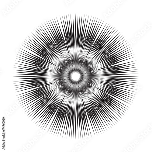 Perfect circular black radial lines. Blast attack in all directions. Design that imitates fireworks. Vector illustration isolated on transparent background