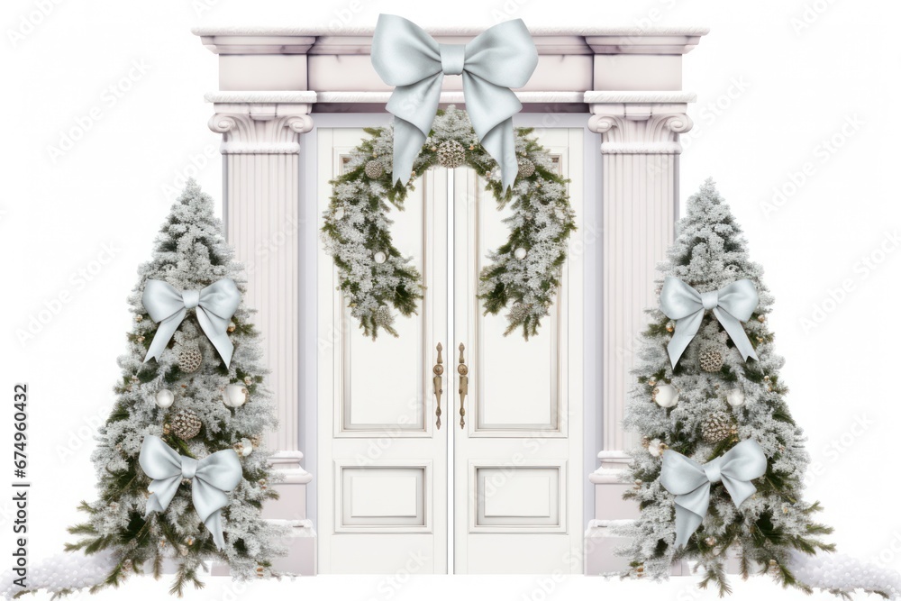 Fototapeta premium Elegant and luxurious Christmas door decoration isolated on white background with copy space