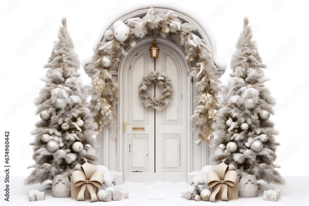 Fototapeta premium Elegant and luxurious Christmas door decoration isolated on white background with copy space