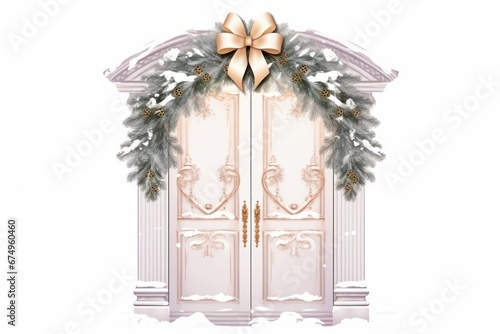 Elegant and luxurious Christmas door decoration isolated on white background with copy space