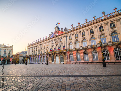 Wide angle view of the Nancy town hall at the Place Stanislas (Stanislaw Square) at dawn, UNESCO World Heritage Site, Nancy, Meurthe et Moselle, Lorraine, Eastern France.